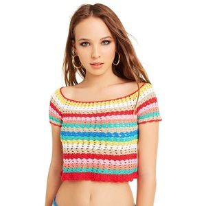 New WILDFOX M Medium Crochet Rainbow Crop Top Multi Colored Short Sleeve